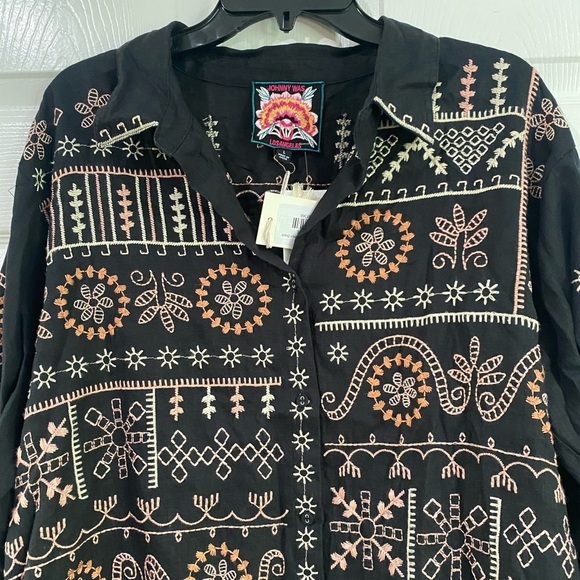 Johnny Was Faye Relaxed Linen Button Down Embroidered Shirt Lagenlook Size L - Picture 5 of 15